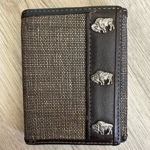 Silver Buffalo Embellishment Dark Brown Leather & Tweed Fabric TriFold Wallet